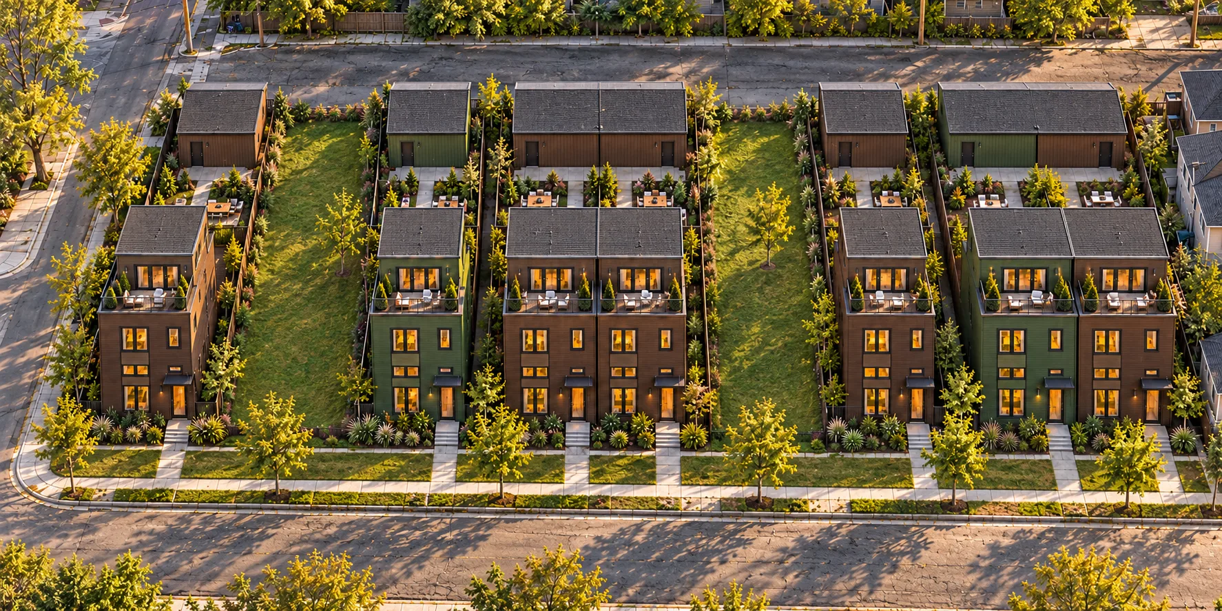 Rendering of seven three-story prefab homes on Auburn Street, Pittsburgh, with roof terraces and rear garages
