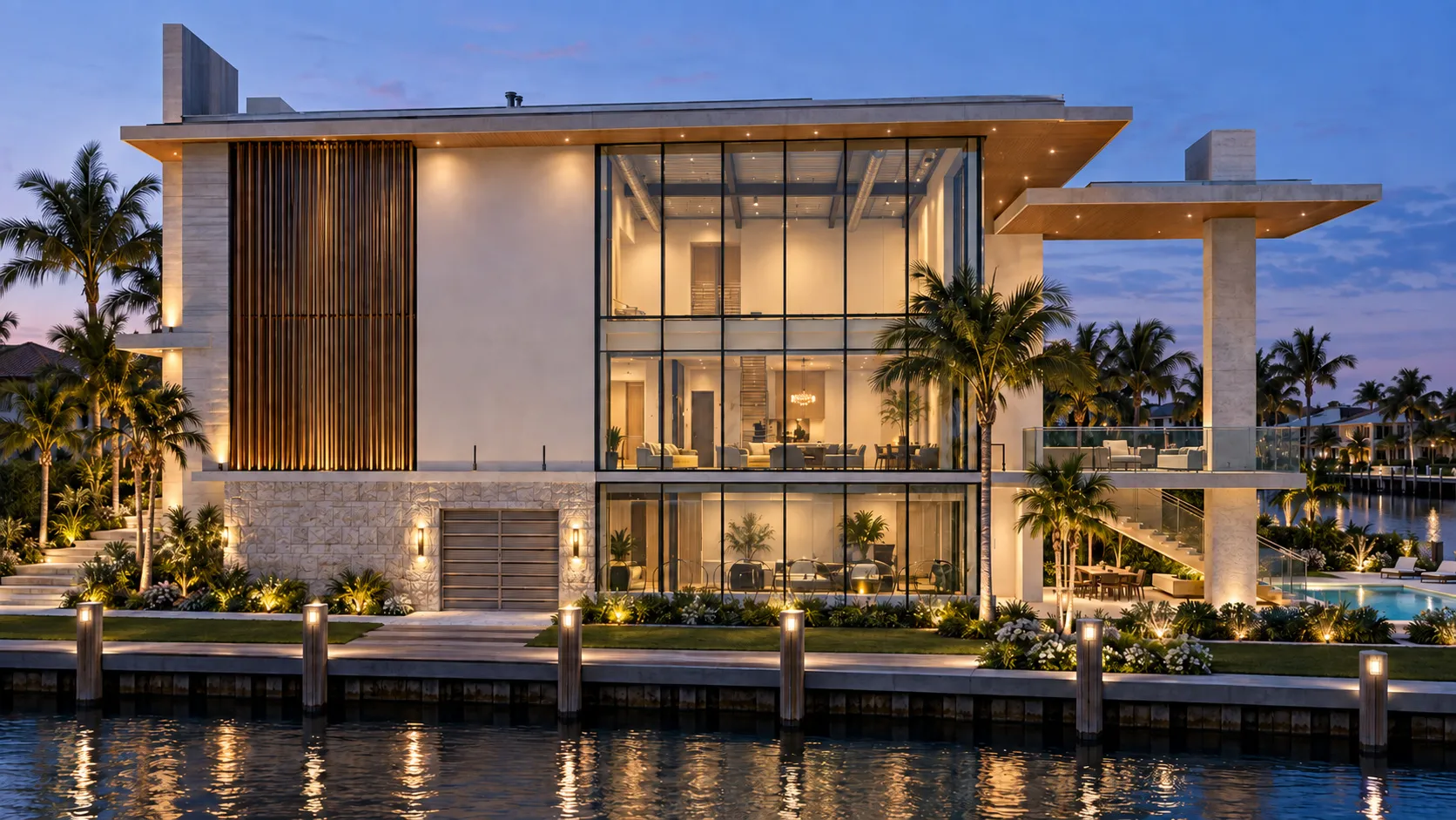 Canal-front modern house at dusk, Southwest Florida