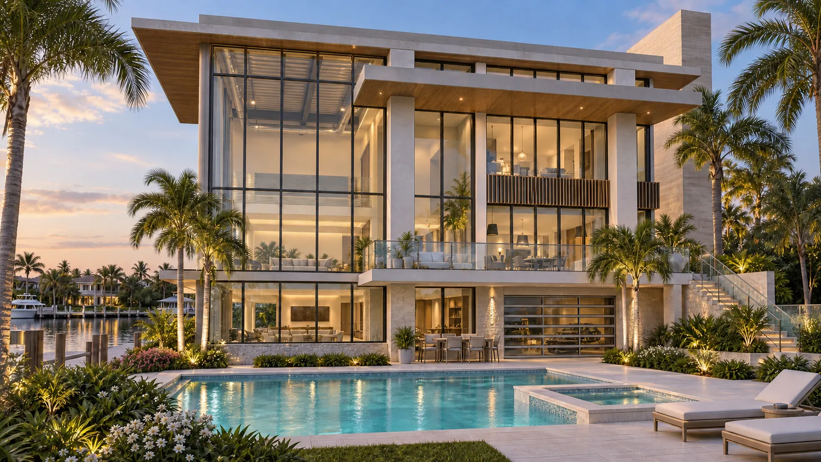 Rendering of a canal-front house in Naples with the main living level raised above the pool terrace